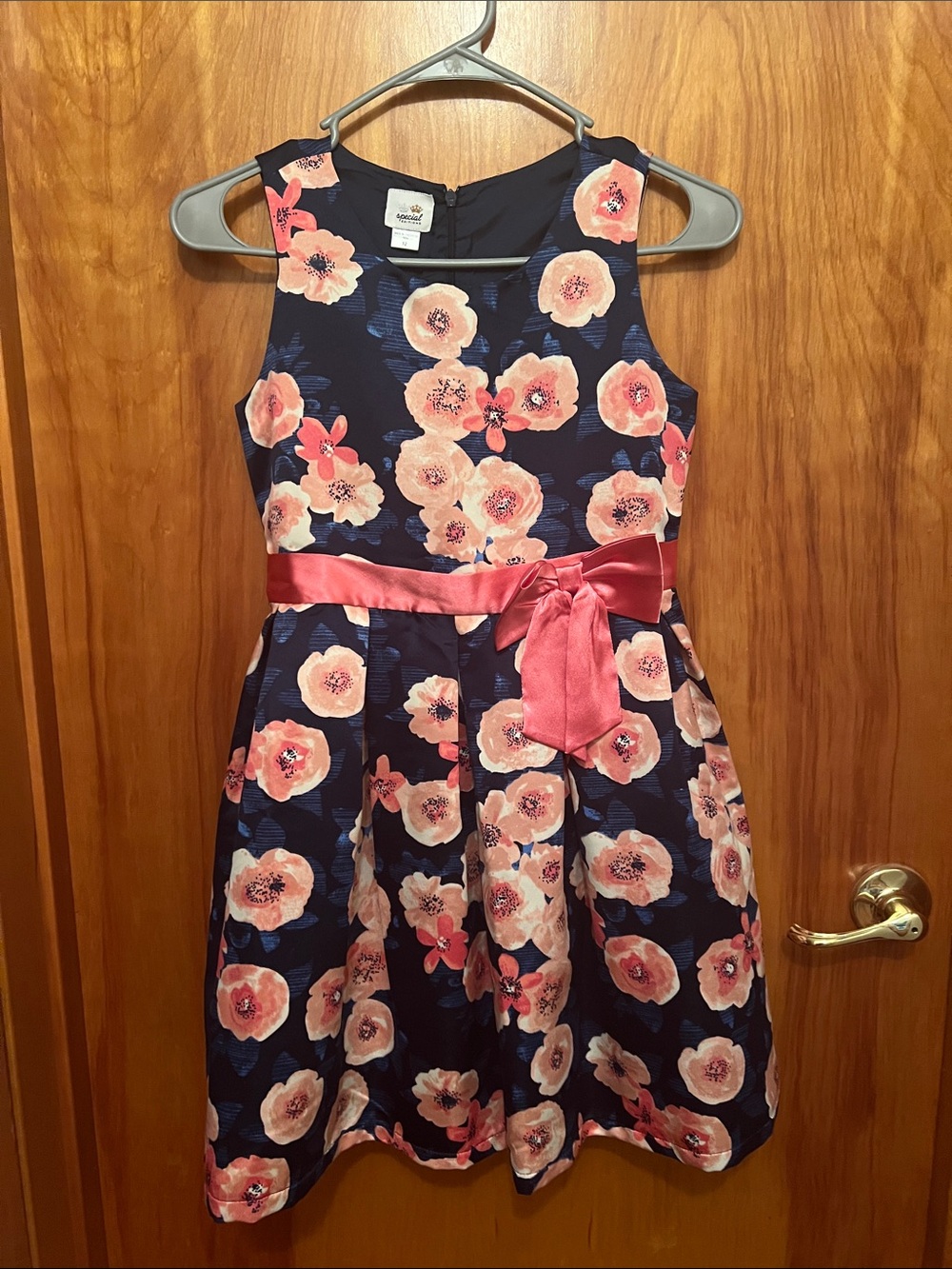 Sears Special Editions Dress- Navy Floral Satin-Belt Girls Dress